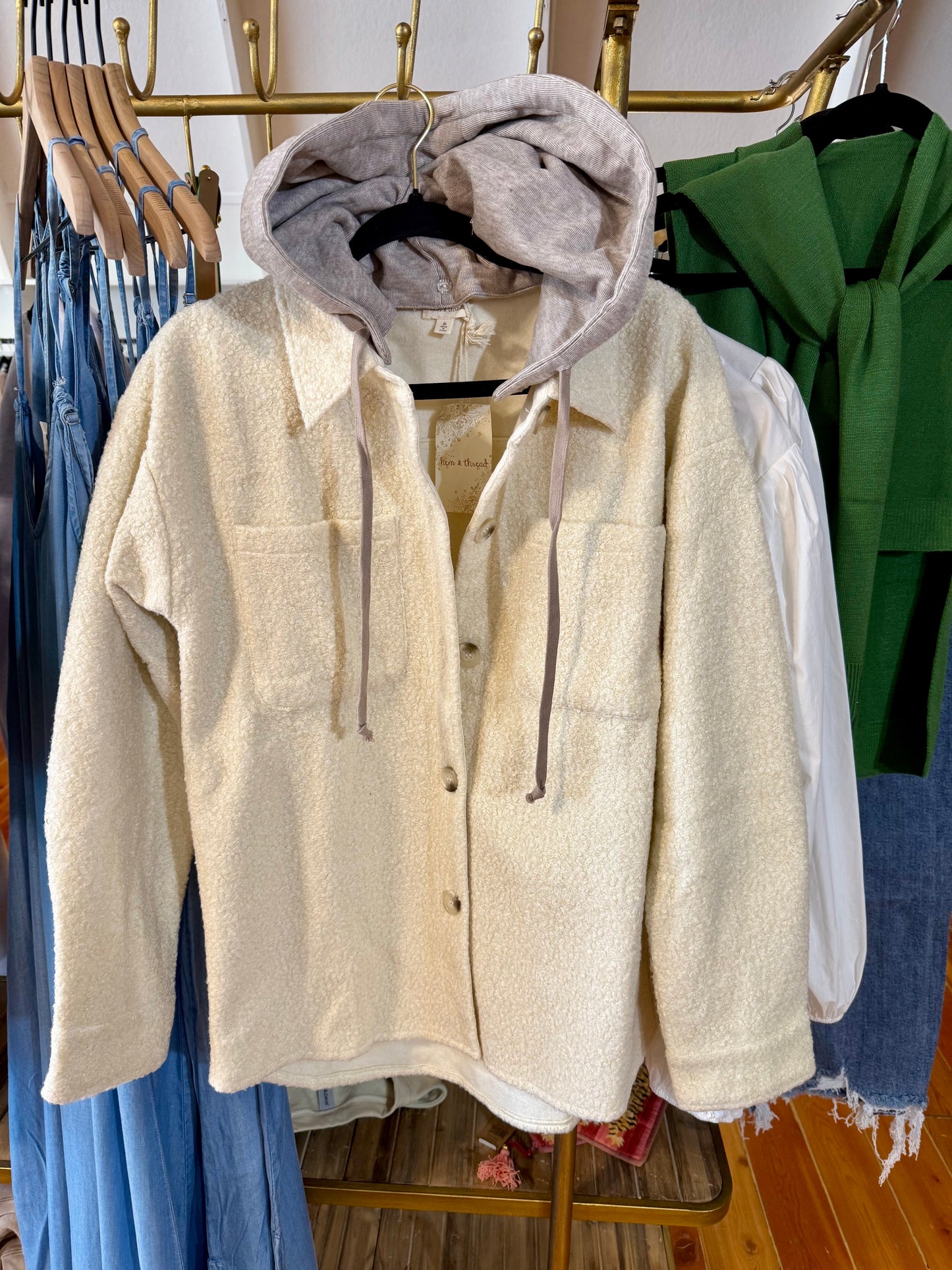 Hem & Thread Detachable Hoodie Mixed Shacket