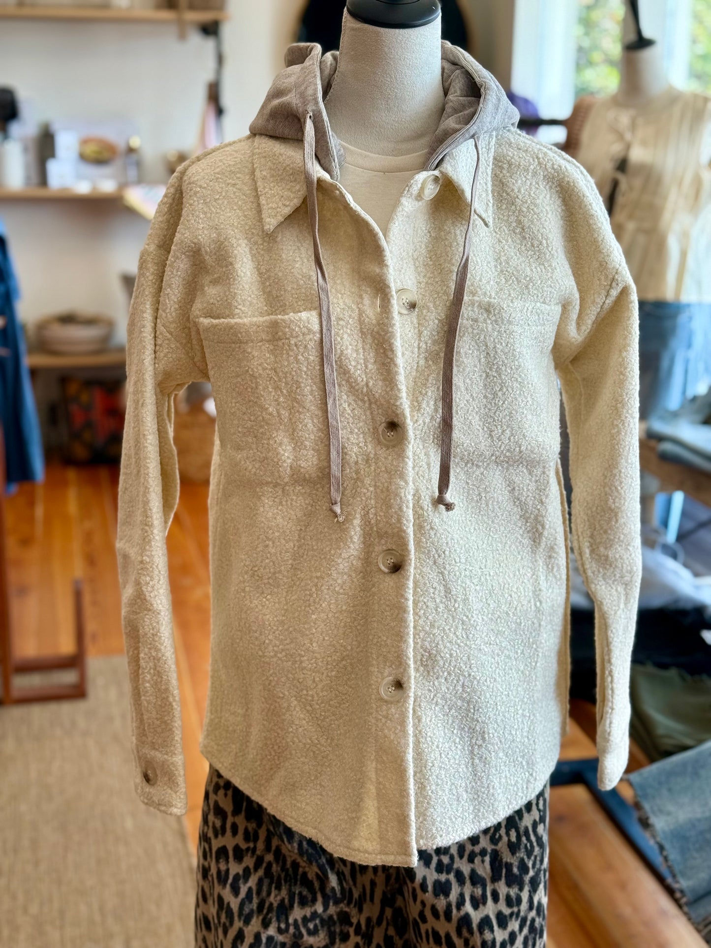 Hem & Thread Detachable Hoodie Mixed Shacket