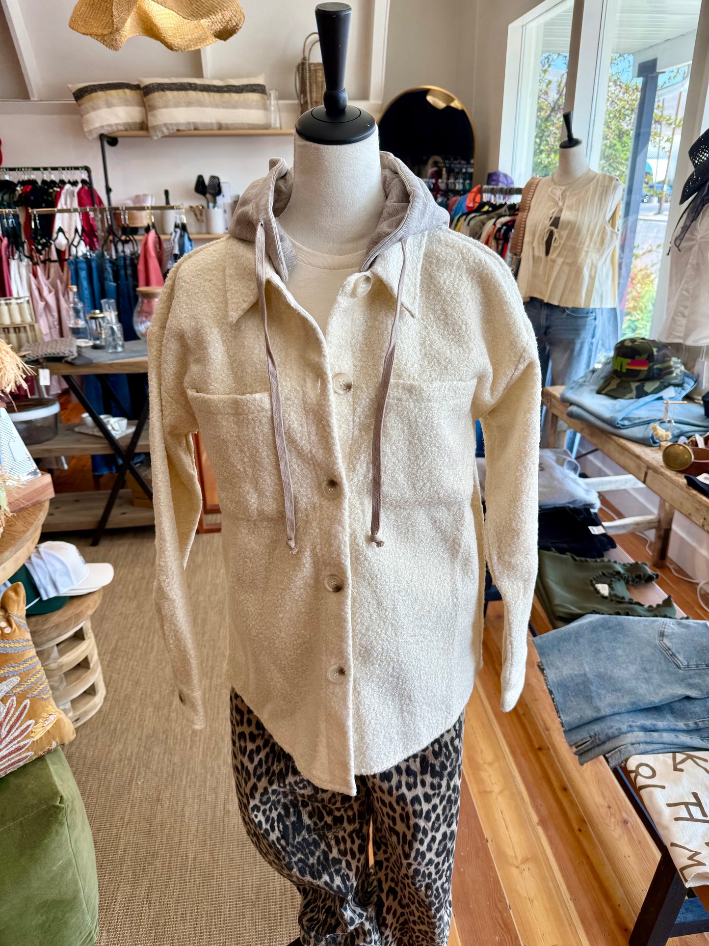 Hem & Thread Detachable Hoodie Mixed Shacket