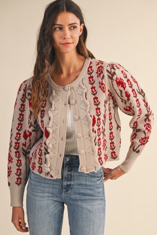 Floral Puff Sleeve Knit Cardigan