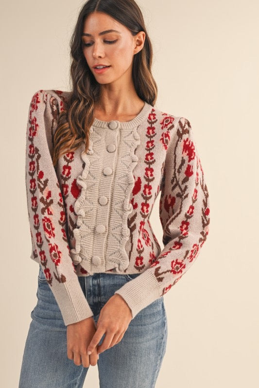 Floral Puff Sleeve Knit Cardigan
