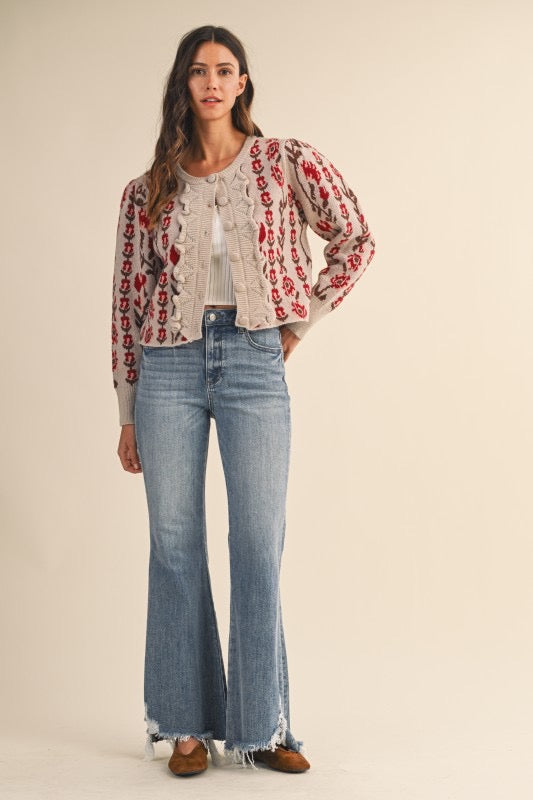 Floral Puff Sleeve Knit Cardigan