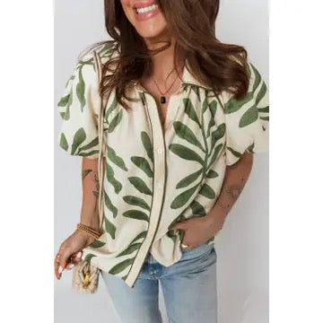Leaf Print Balloon Sleeve Top - PREORDER