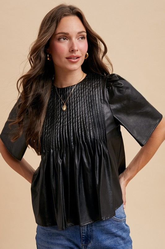 Leather PinTuck Detail Blouse