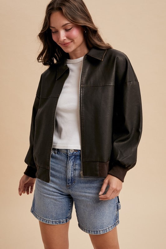 Vintage Look Faux Leather Oversized Bomber