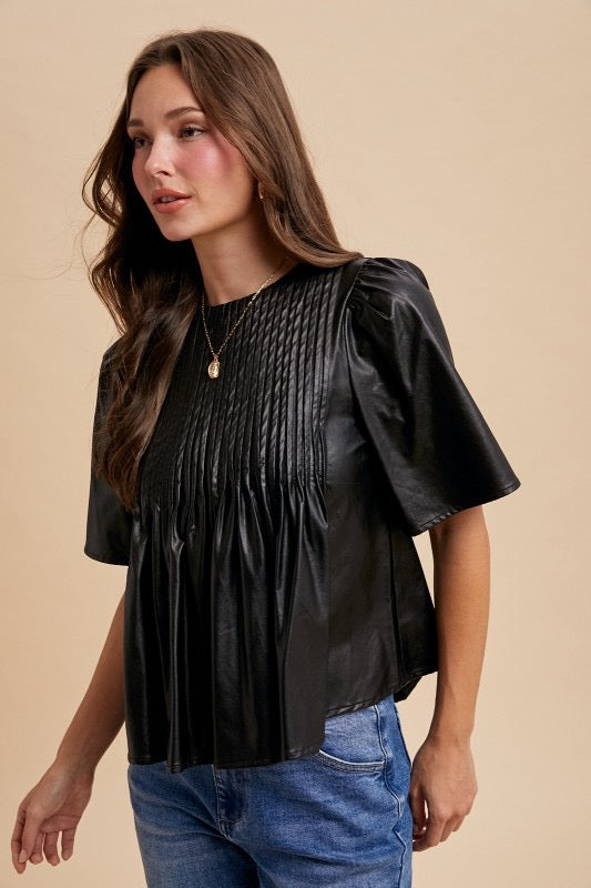 Leather PinTuck Detail Blouse