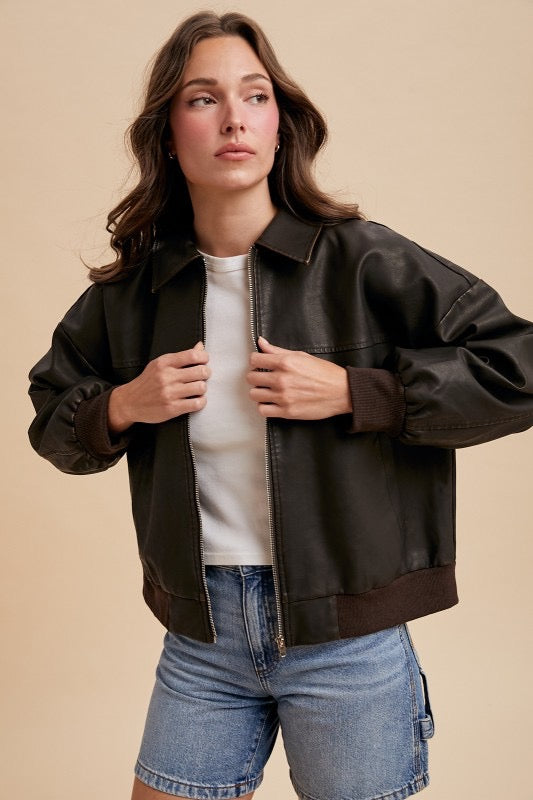 Vintage Look Faux Leather Oversized Bomber