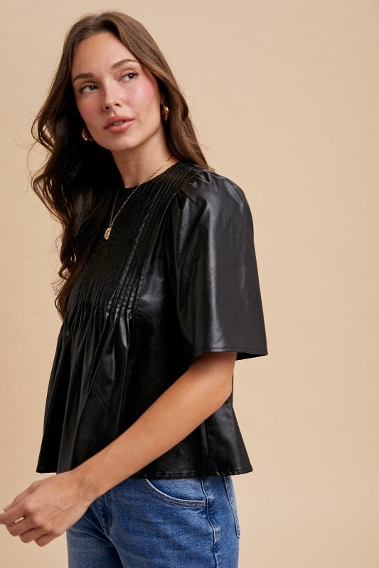 Leather PinTuck Detail Blouse