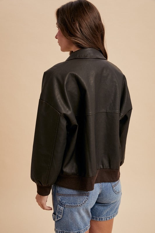 Vintage Look Faux Leather Oversized Bomber