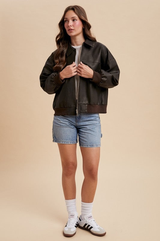 Vintage Look Faux Leather Oversized Bomber