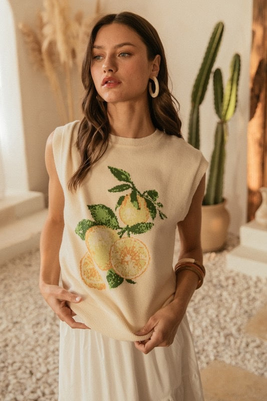 Sleeveless Lemon Intarsia Sweater Top