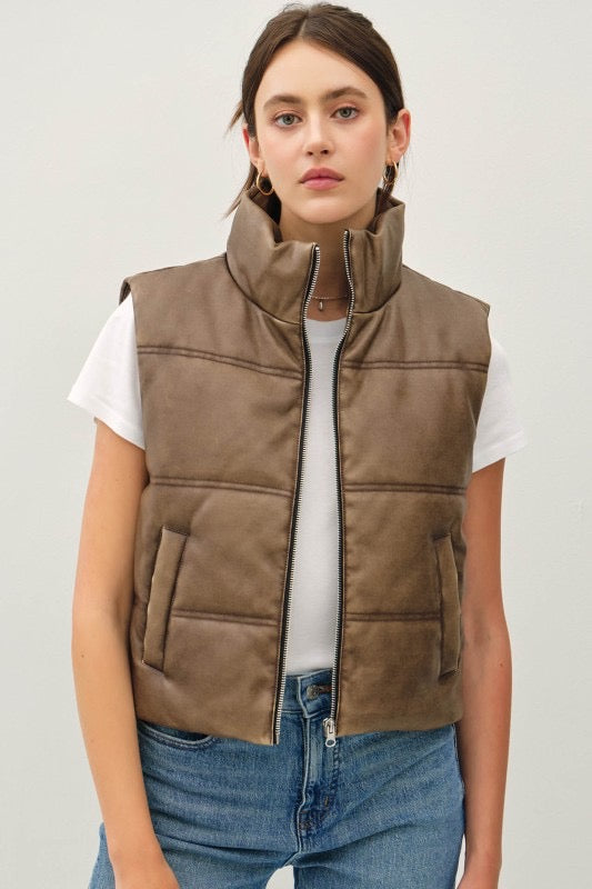 Aged Faux Leather Puffer Vest