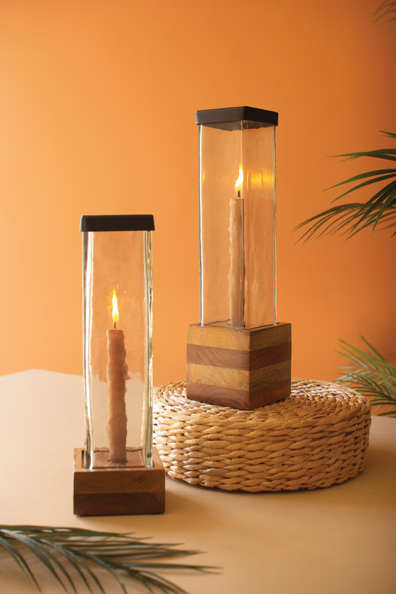 Square Glass and Wood Taper Candle Holders