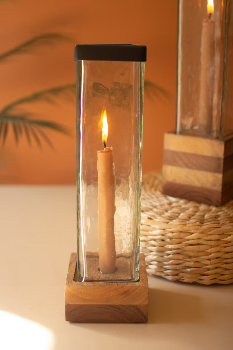 Square Glass and Wood Taper Candle Holders