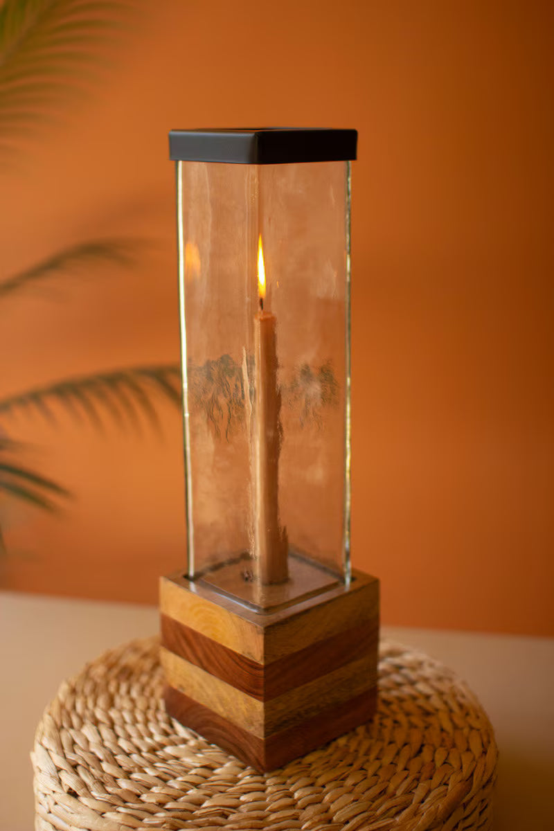 Square Glass and Wood Taper Candle Holders