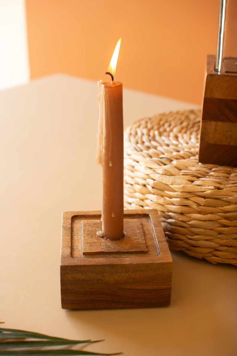 Square Glass and Wood Taper Candle Holders