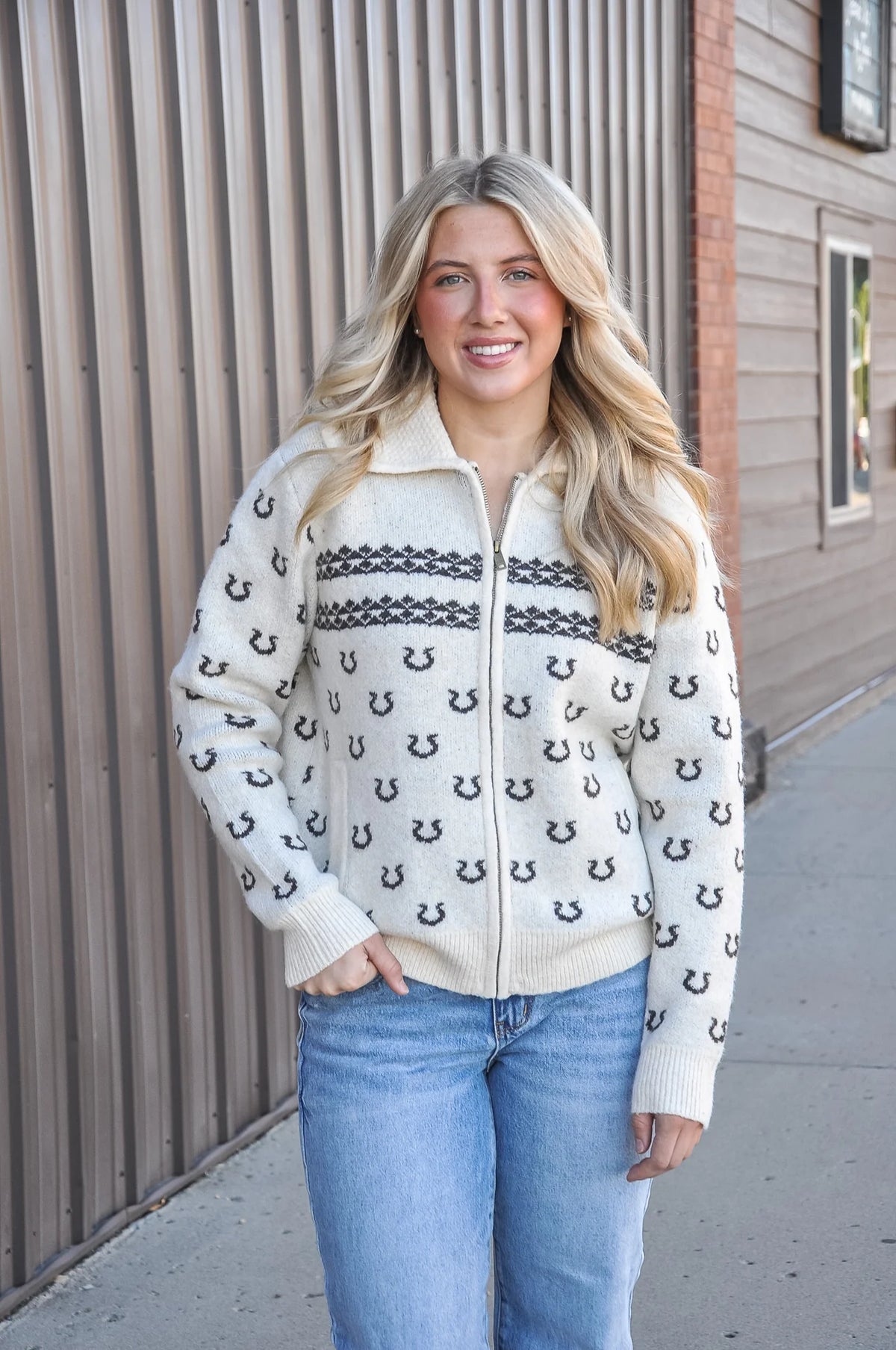Western Collared Horseshoe Zip-up Sweater