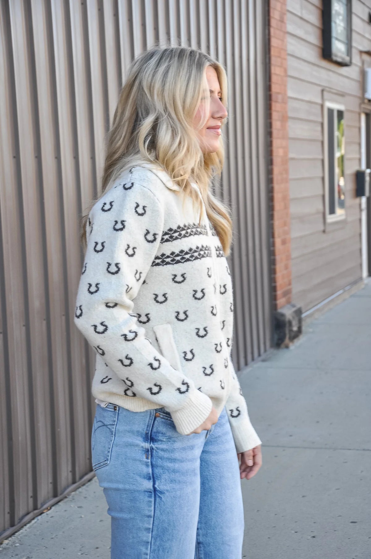 Western Collared Horseshoe Zip-up Sweater