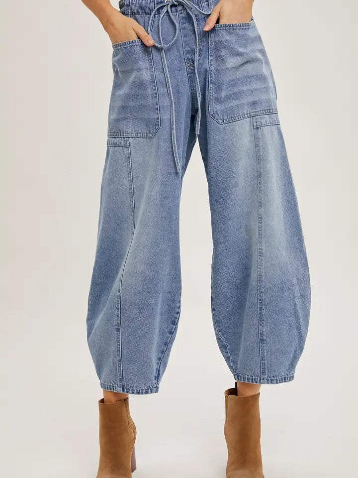 Denim Mid-Waist Drawstrings Barrel Jeans