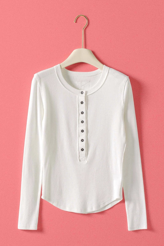 Ribbed Henley Long Sleeve Top