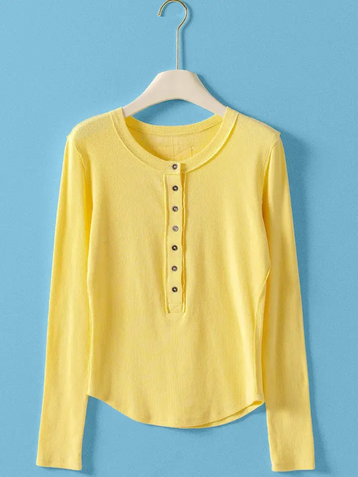 Ribbed Henley Long Sleeve Top
