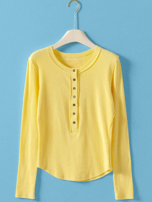 Ribbed Henley Long Sleeve Top