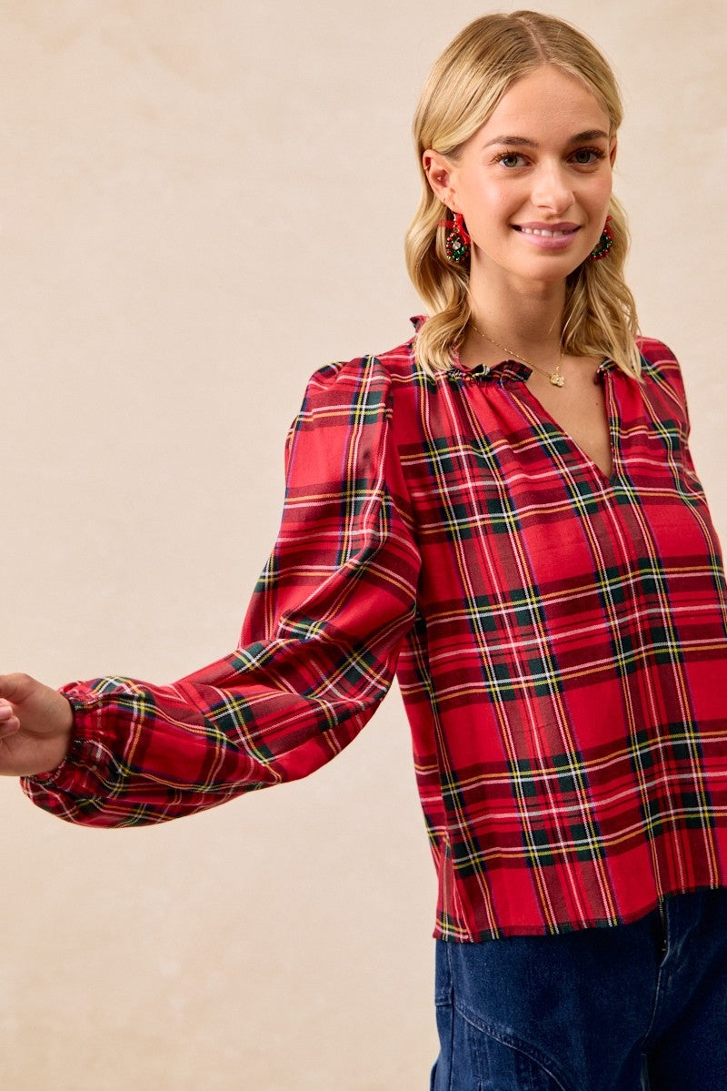 Christmas Plaid Balloon Sleeved Top
