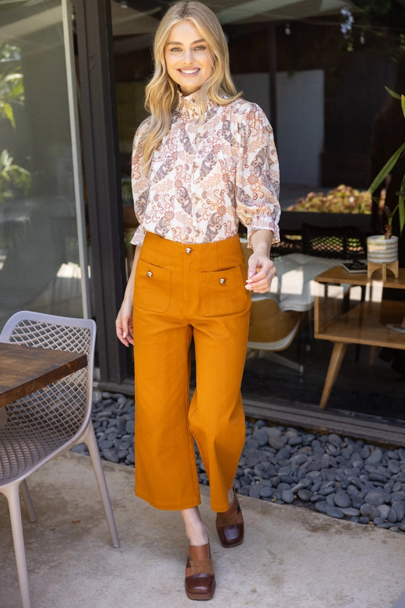 Smocked Mock neck Pintuck Paisley Top