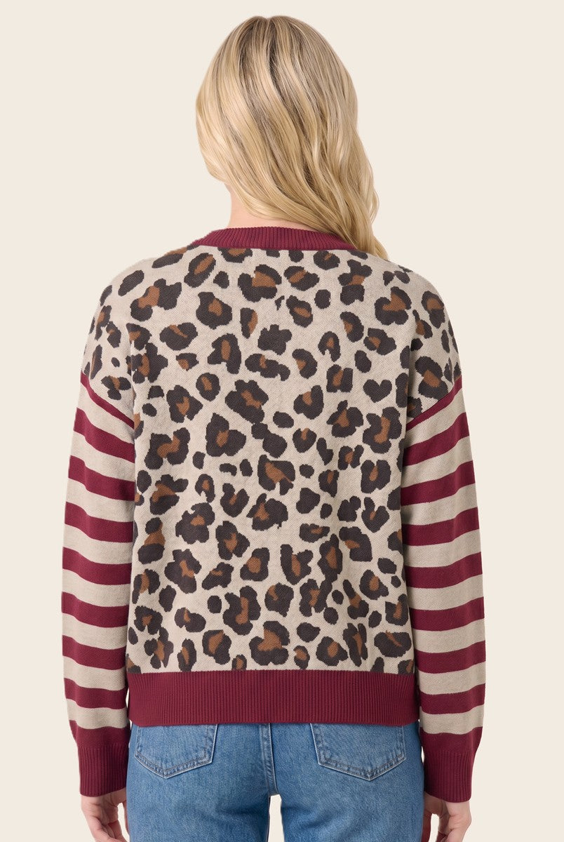 Burgundy Stripe Blocked Leopard Sweater Cardigan