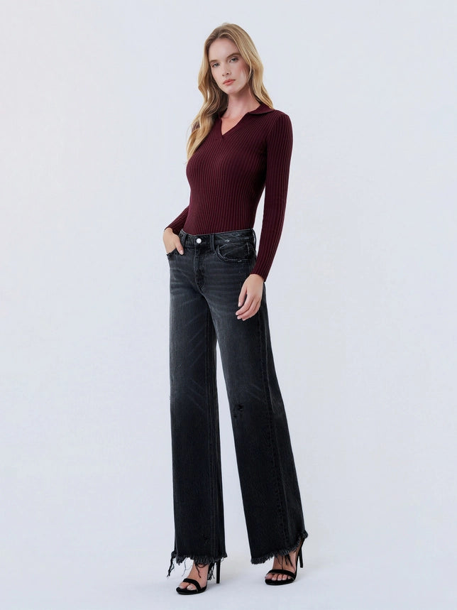 VERVET Mid Rise Distressed Hem Black Wide Leg Jeans