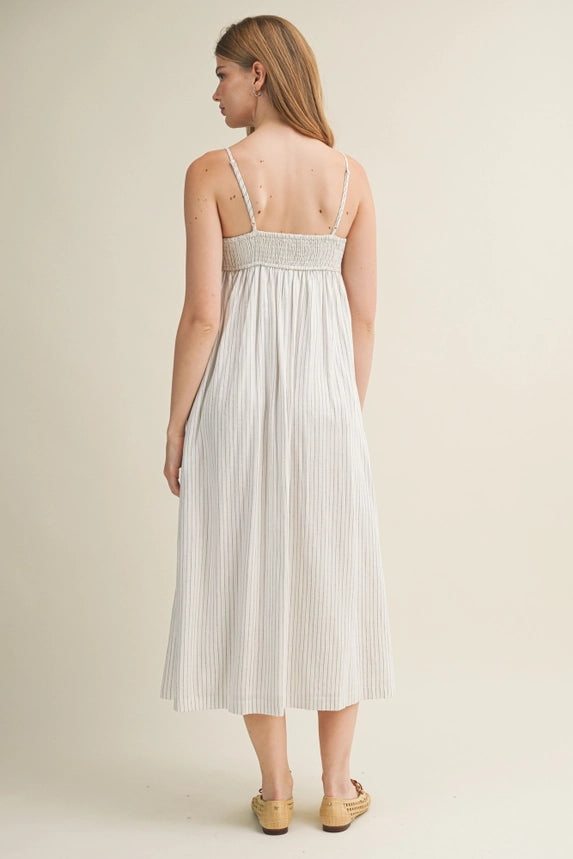 Geometric Crochet Bodice Pinstripe Dress