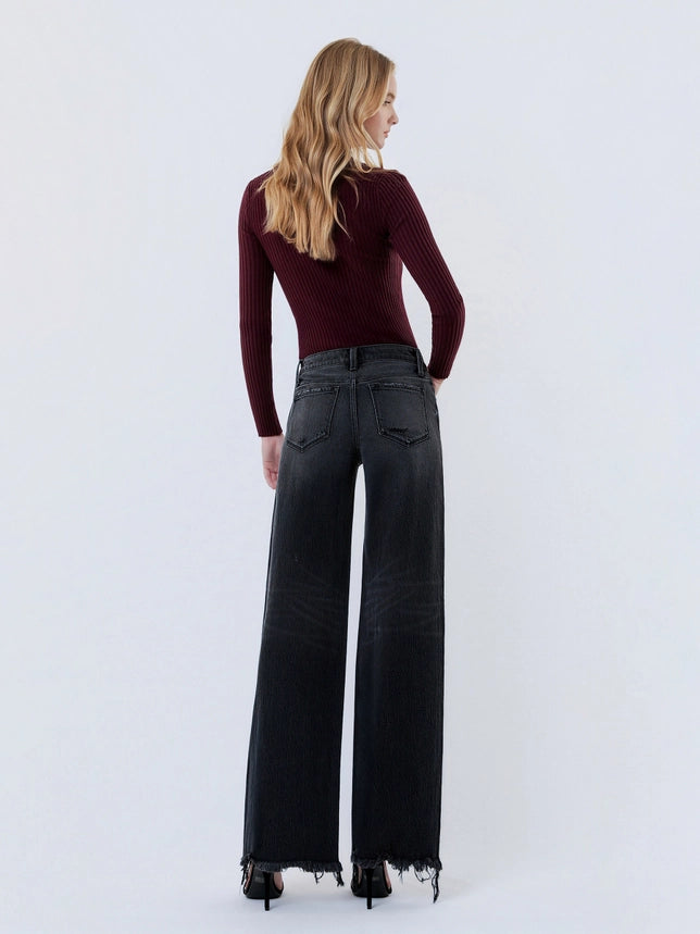 VERVET Mid Rise Distressed Hem Black Wide Leg Jeans