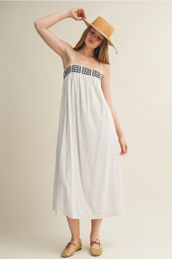 Geometric Crochet Bodice Pinstripe Dress