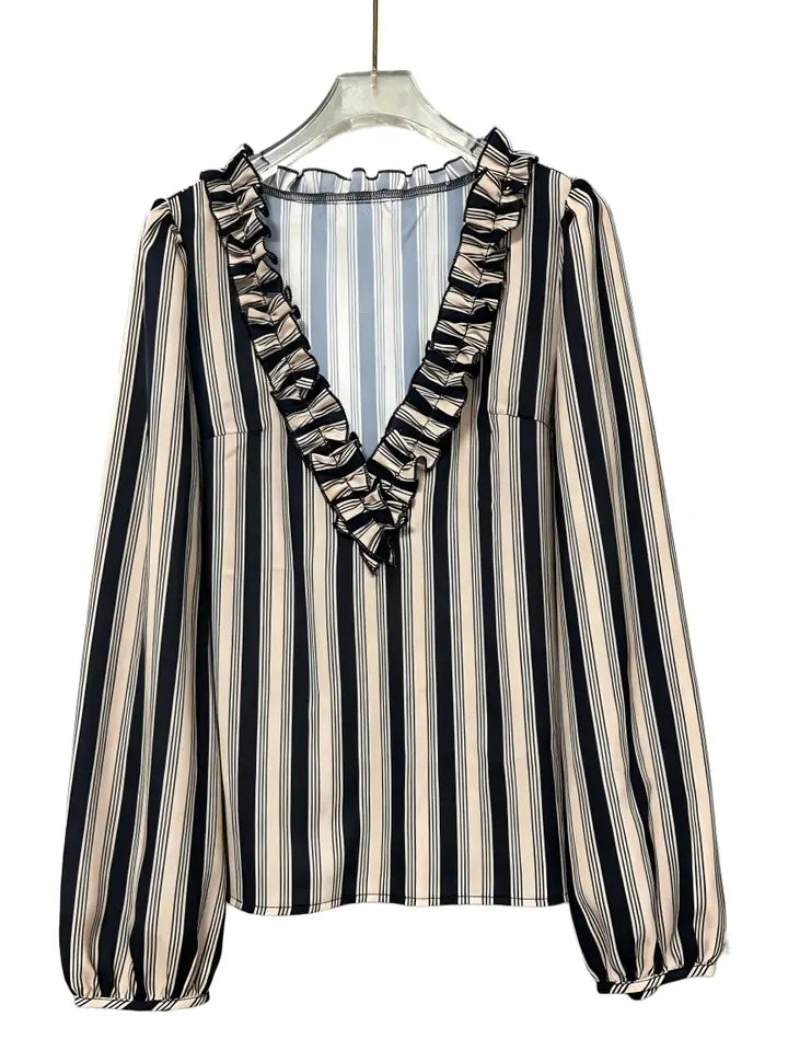Ruffled Striped Long Sleeve Blouse