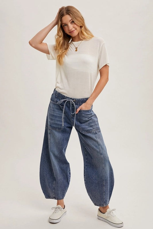Denim Mid-Waist Drawstrings Barrel Jeans