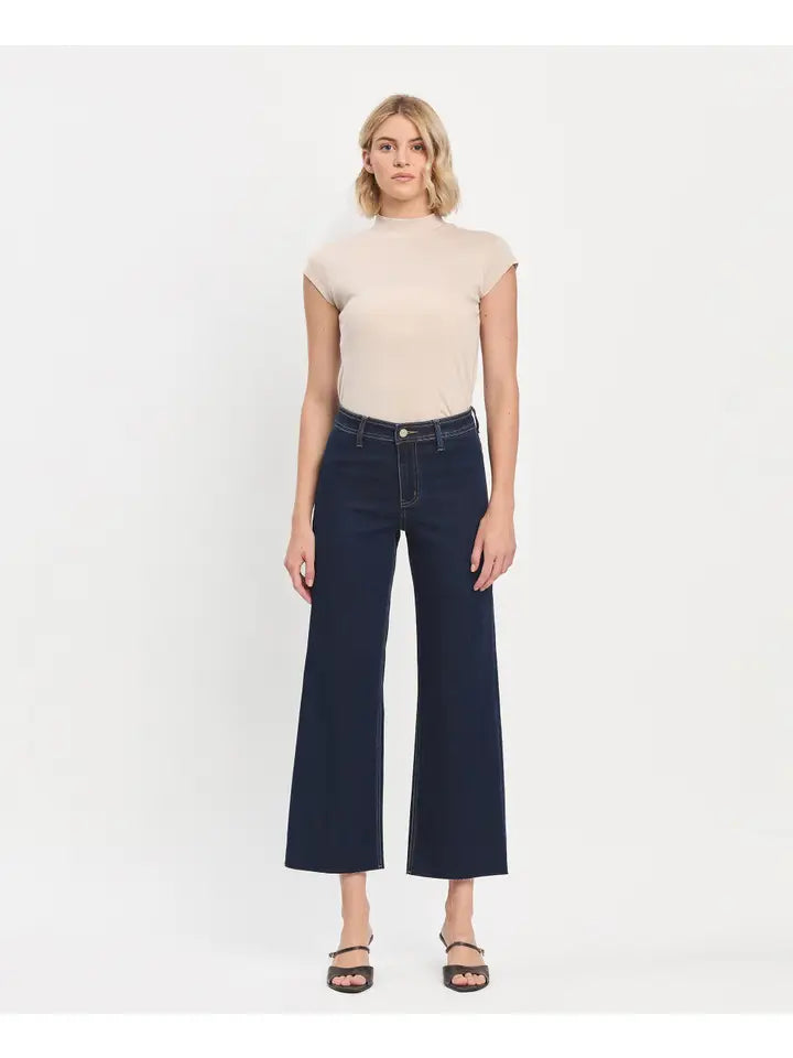 VERVET High Rise Clean Cut Raw Hem Ankle Wide Jeans