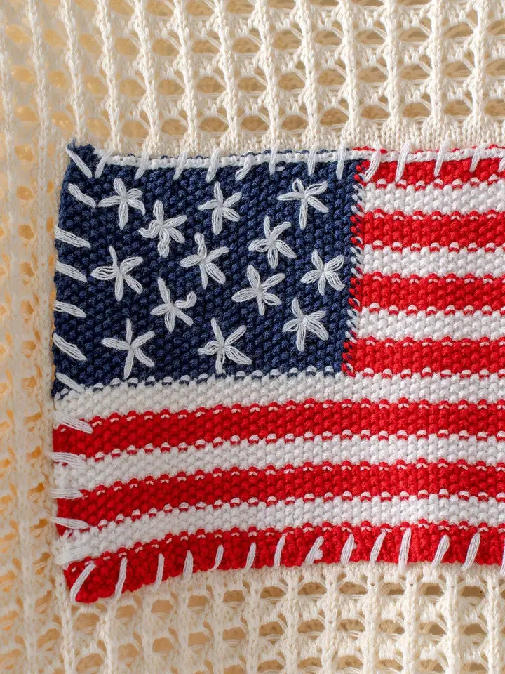 American Flag Patch Open Knit Cotton Sweater