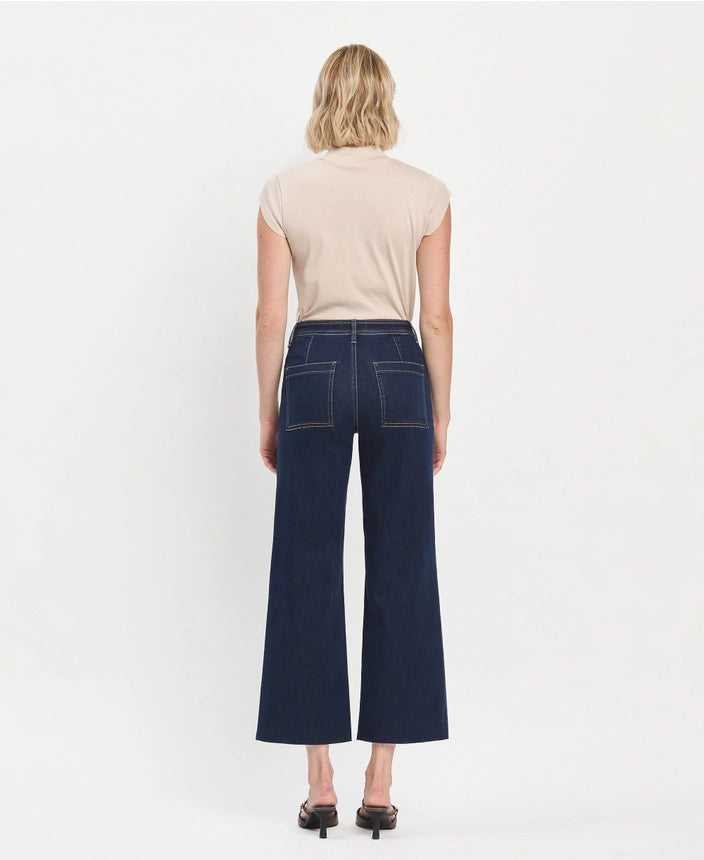 VERVET High Rise Clean Cut Raw Hem Ankle Wide Jeans