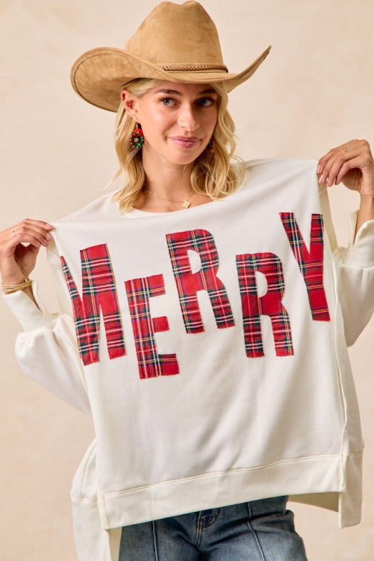 Christmas Plaid Merry Lettering Fleece Sweatshirt