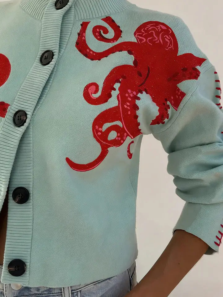 Octopus Embellished Button-Up Cardigan