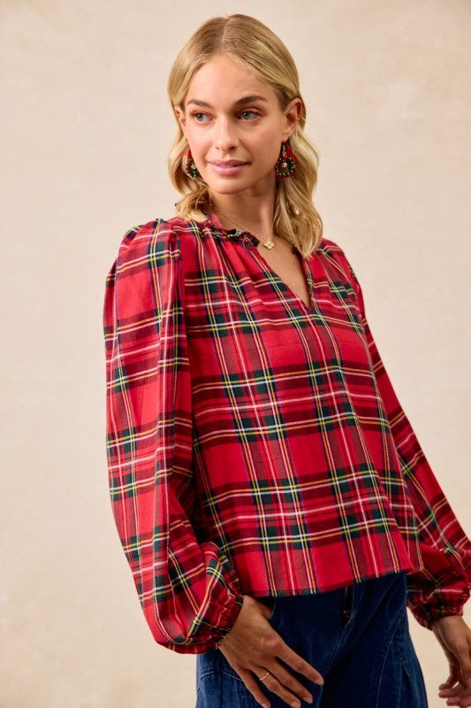 Christmas Plaid Balloon Sleeved Top