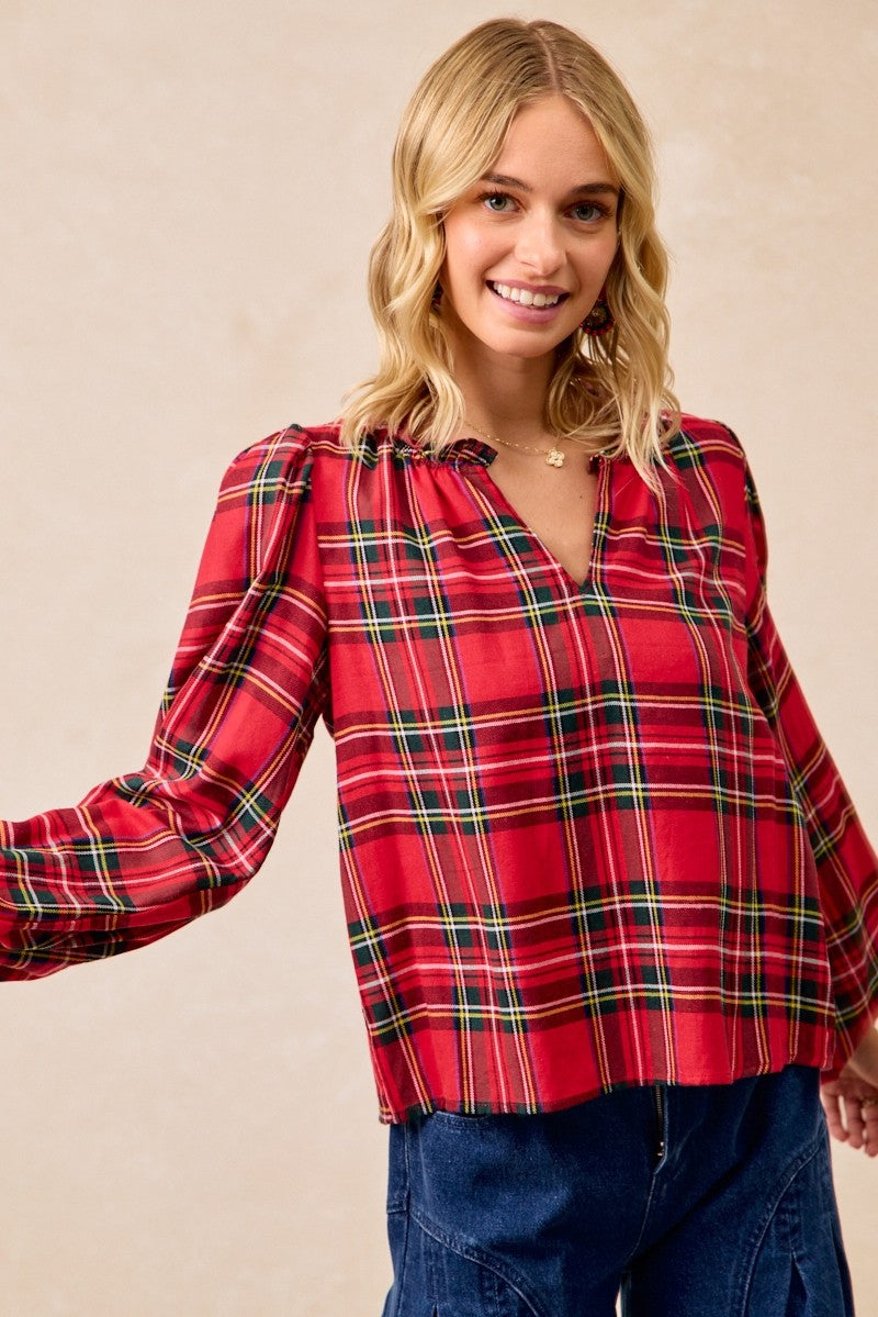 Christmas Plaid Balloon Sleeved Top