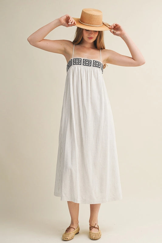 Geometric Crochet Bodice Pinstripe Dress