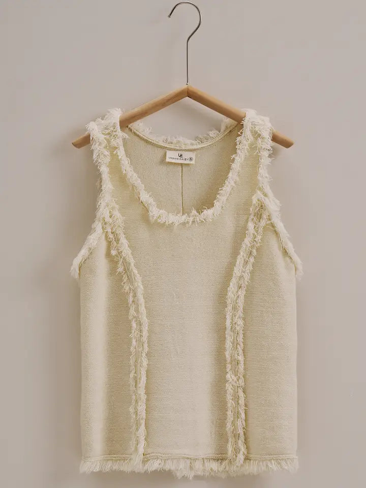 Frayed Trim Textured Knit Sleeveless Top