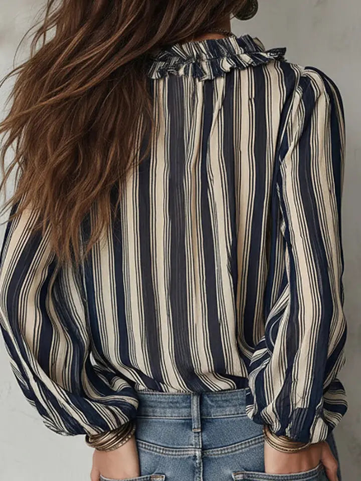 Ruffled Striped Long Sleeve Blouse