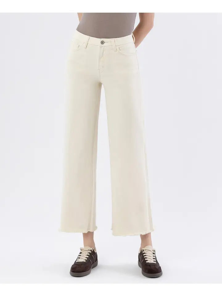 High Rise Raw Hem Ankle Wide Leg Jeans