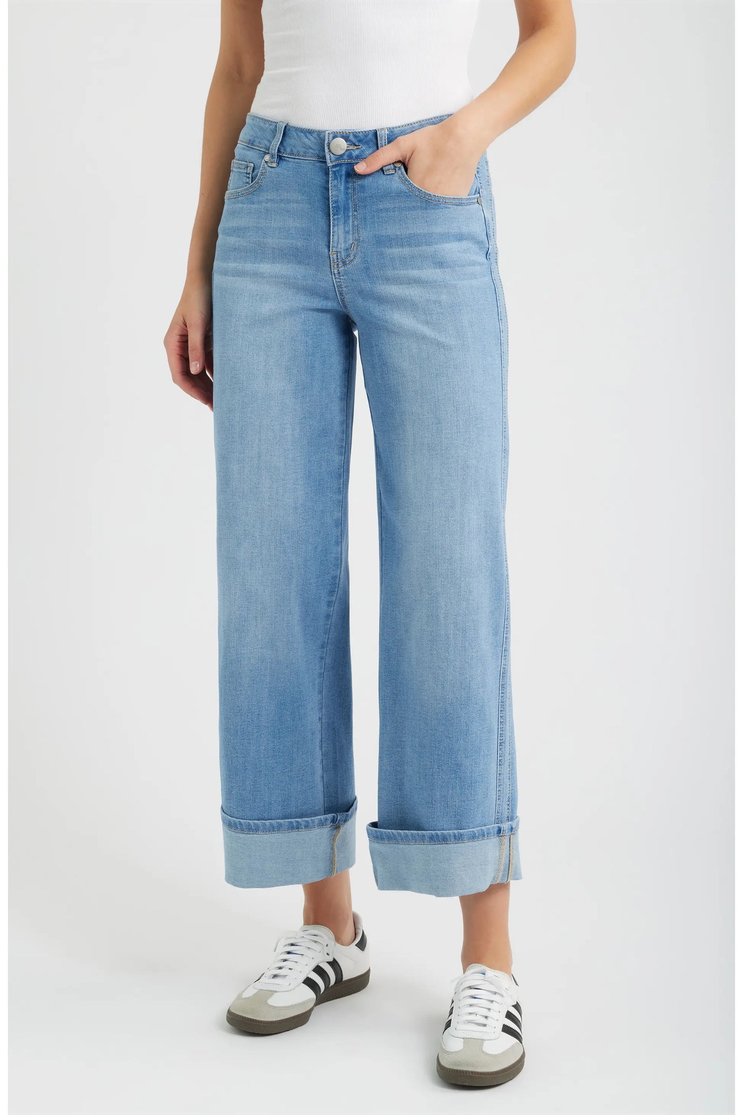 Roll Cuff Mid Rise Wide Leg Jeans
