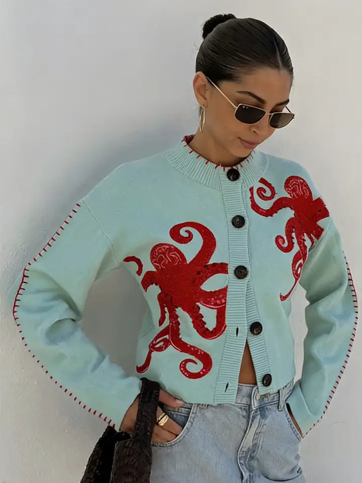 Octopus Embellished Button-Up Cardigan