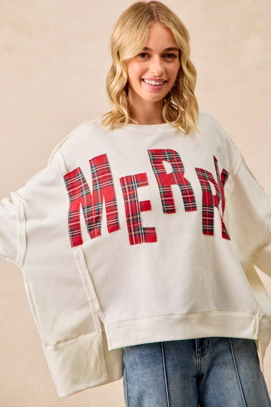 Christmas Plaid Merry Lettering Fleece Sweatshirt