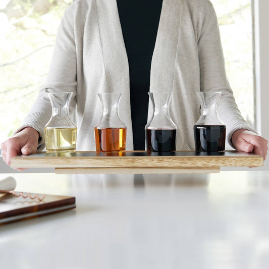 Glass Carafes and Wood with Chalkboard